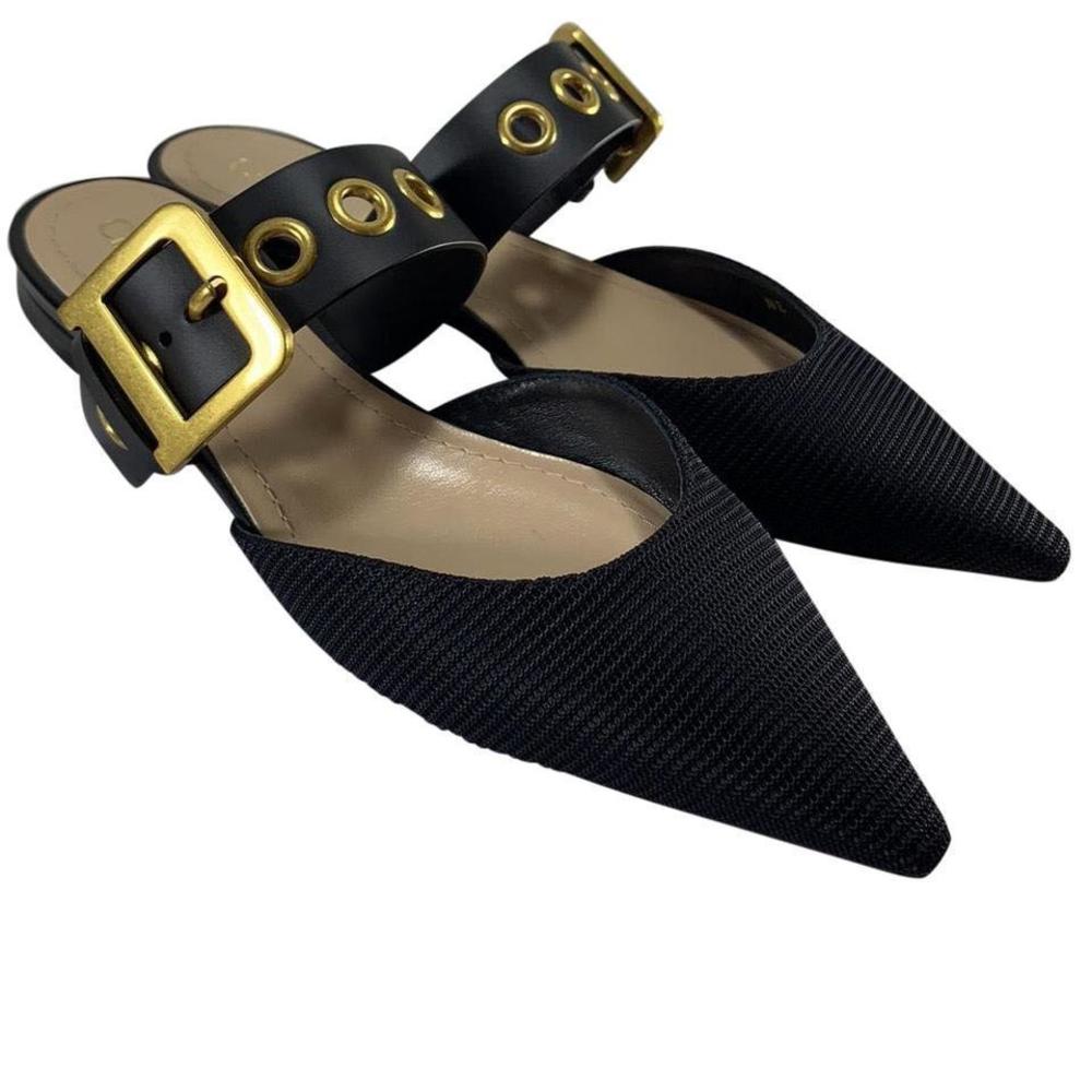 D-Dior Classic D Logo Buckle Strap Pointed Toe Fabric Flats d666